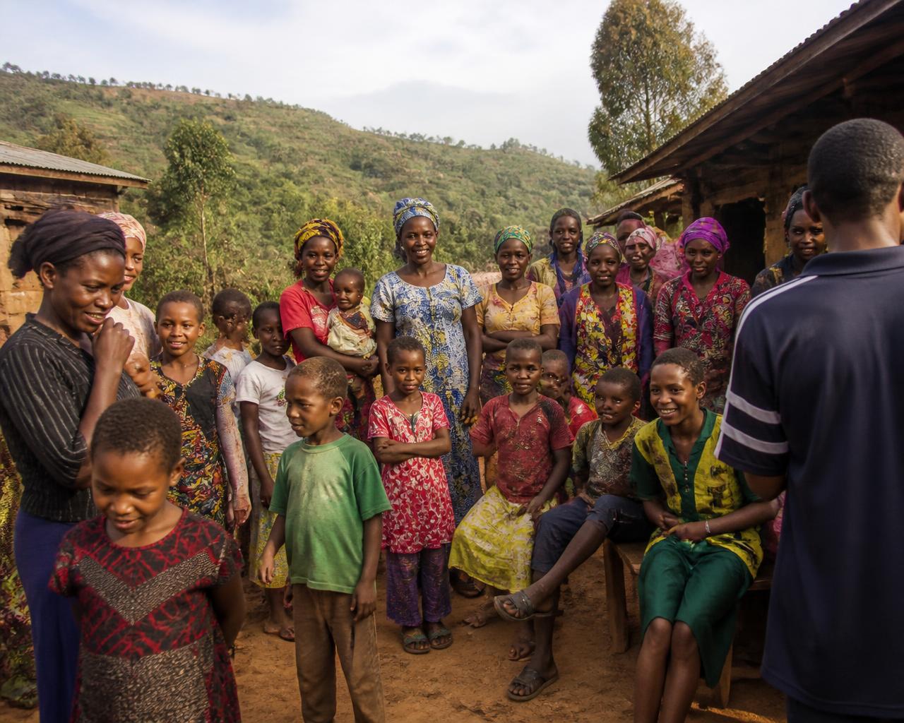 Community members gathered in a village in the Northwest Cameroon highlands