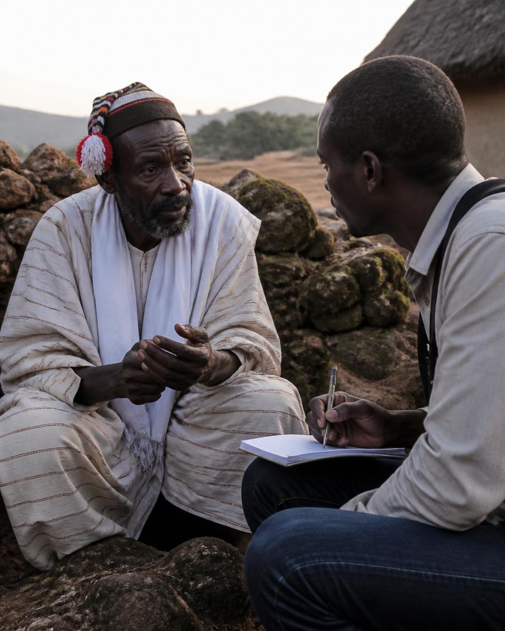 A Fulani elder sharing oral history with a young researcher taking notes