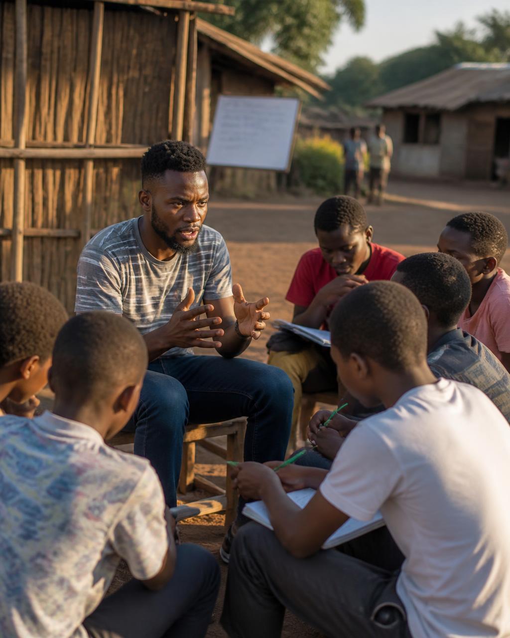 A young mentor guiding teenagers in an outdoor community workshop